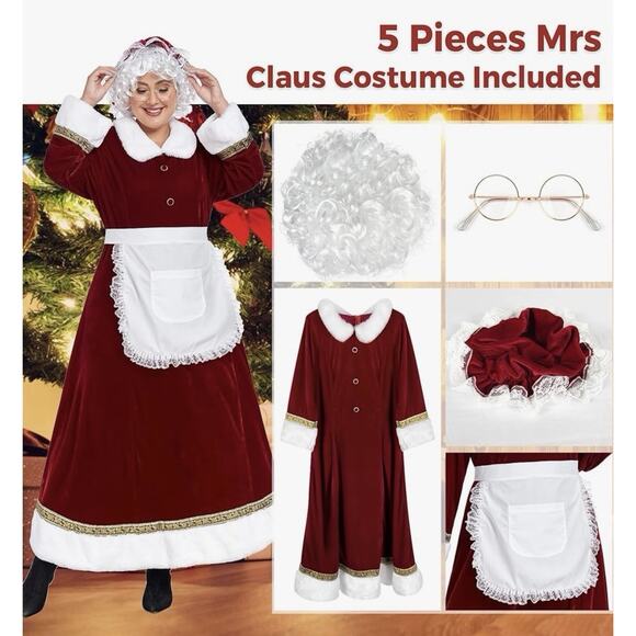 WeGuard Mrs Claus Costume Medium 5pc Santa Dress Wig Apron Hat Glasses NIP - Picture 5 of 7